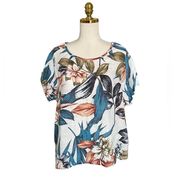 C&C California 100% Linen Tropical Floral Print Hi-Low Hem Blouse Women’s Sz 1X - Picture 1 of 6